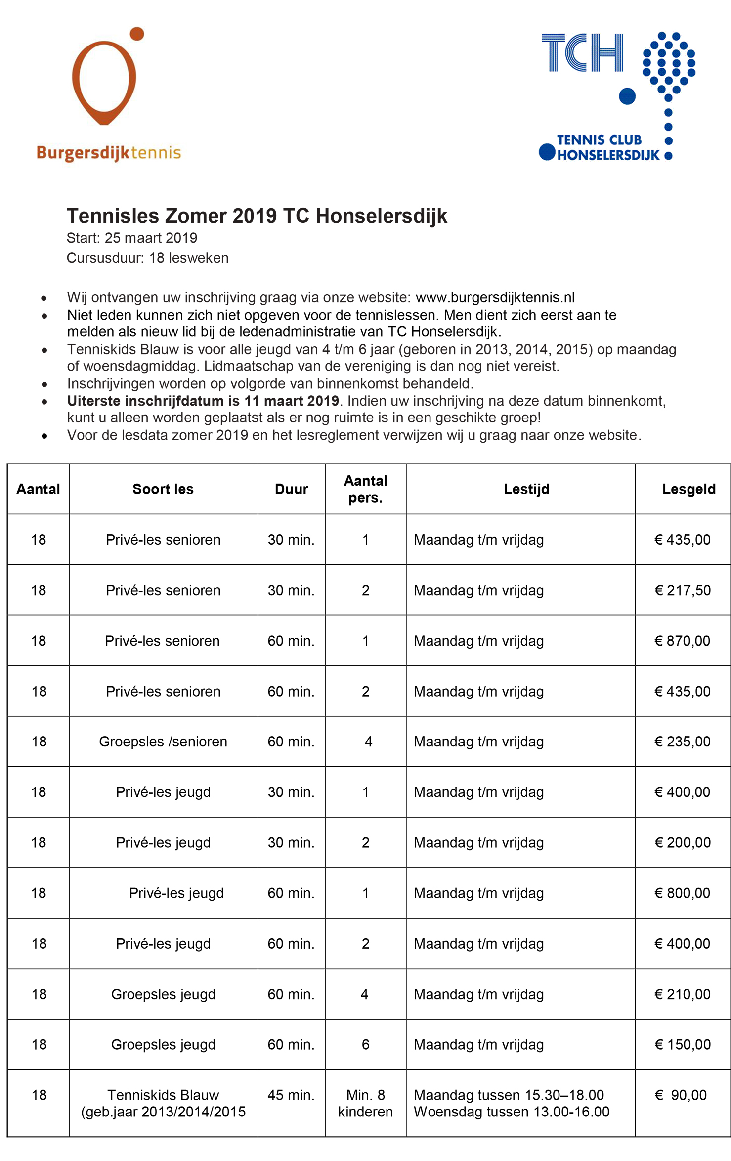 Informatie lessen zomer 2019 TCH